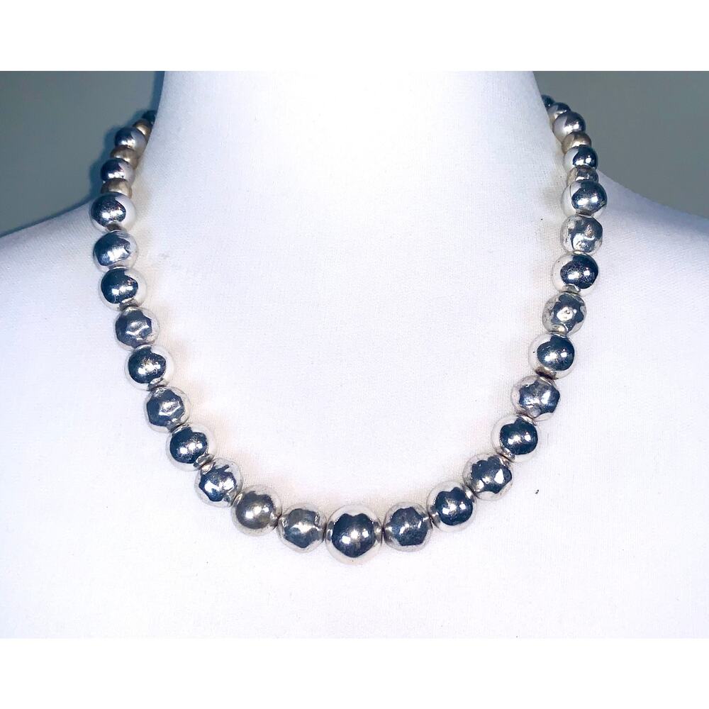 Vintage Silver Tone Hammered Beaded Bauble Statement Necklace